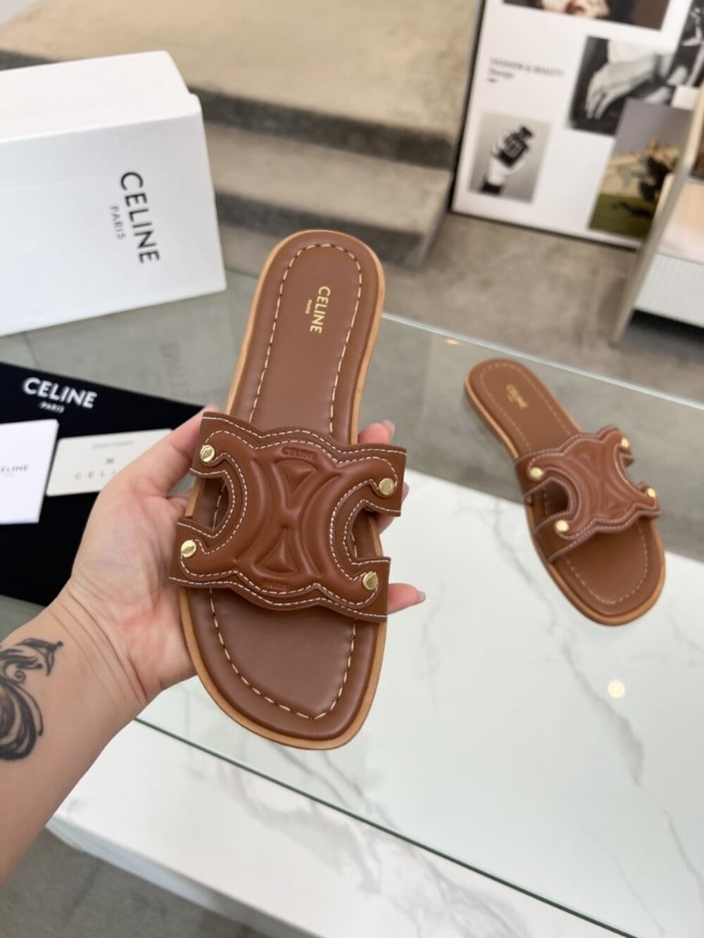 Celine Tan Leather Triomphe Flat Slide Sandals - Picture 5 of 6
